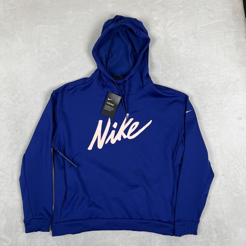 Nike Therma Hoodie Sweatshirt Womens Medium Blue Loose Fit Script Logo Fleece